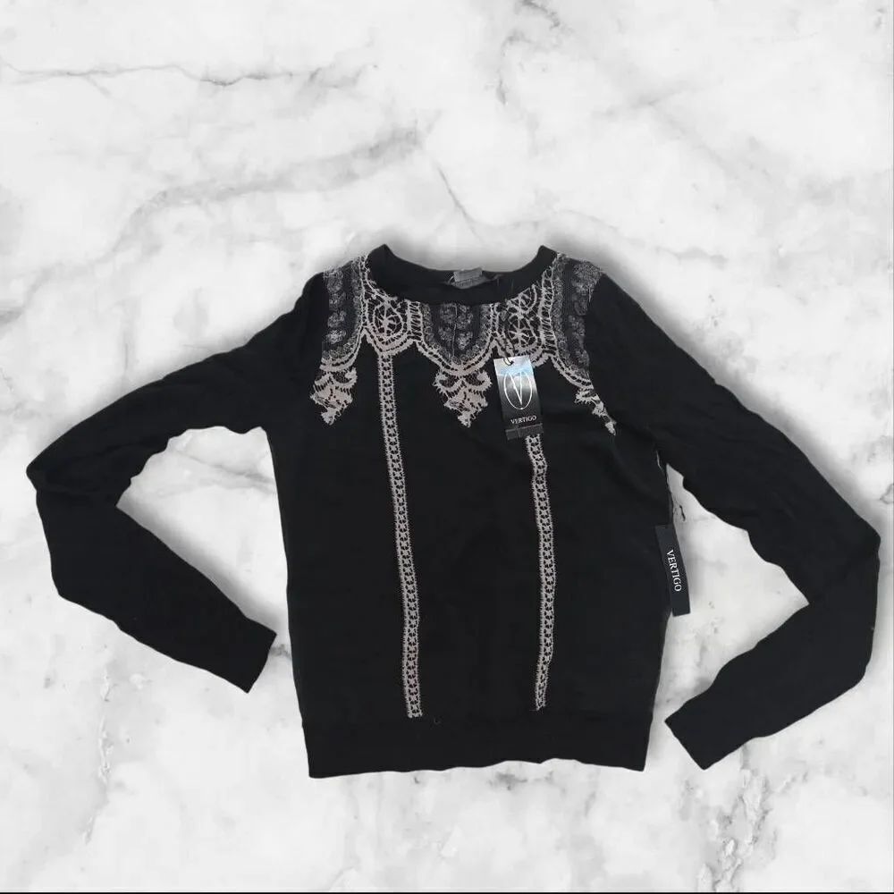 Vertigo Paris Black Long Sleeve Lace Print Long Sleeve Size XS